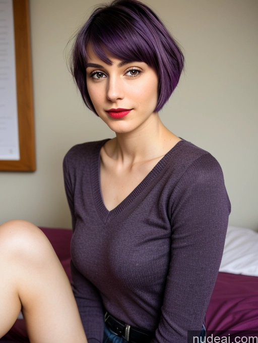 ai nude image of purple haired woman with short hair sitting on a bed pics of 18 Skinny Pubic Hair Beautiful Bedroom Purple Hair Small Tits Lipstick On Back Short Hair Front View Teacher