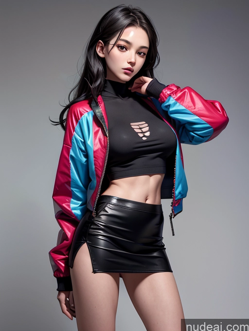 ai nude image of araffe woman in a black top and a colorful jacket pics of Model One Perfect Boobs Skinny 18 Black Hair Long Hair Chinese Jacket Mini Skirt