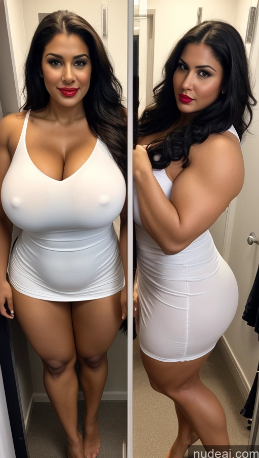 ai nude image of there is a woman in a white dress posing for a picture pics of Huge Boobs Lipstick Muscular Big Ass Abs Chubby Fairer Skin Black Hair Long Hair Indian Changing Room Dress