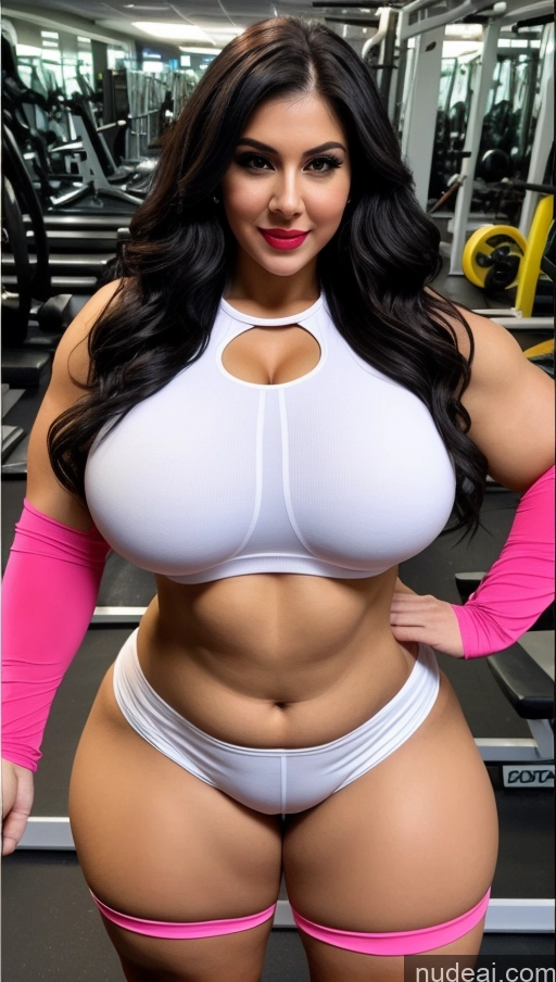 ai nude image of a woman in a white top and pink panties posing for a picture pics of Huge Boobs Lipstick Muscular Big Ass Abs Chubby Fairer Skin Black Hair Long Hair Indian Cosplay Gym