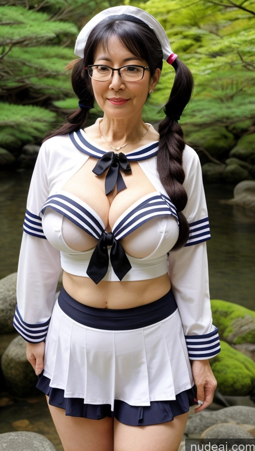 ai nude image of there is a woman in a sailor outfit posing for a picture pics of Milf One Perfect Boobs Busty Big Ass Pubic Hair Fairer Skin 60s Black Hair Glasses Big Hips Cosplay Pigtails Japanese Sailor