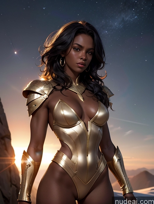 ai nude image of arafed woman in a gold bodysuit standing in front of a mountain pics of Muscular Messy Black Dark Skin Powering Up Gold Jewelry Partially Nude Superhero Sci-fi Armor 18 Cleavage Transparent Small Tits Bodybuilder Serious Stargazing