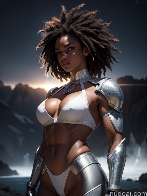 ai nude image of arafed woman in a white bikini and armor posing for a picture pics of Muscular Messy Black Dark Skin Powering Up Sci-fi Armor 18 Cleavage Transparent Small Tits Bodybuilder Serious Stargazing Alternative Bright Lighting Tribal