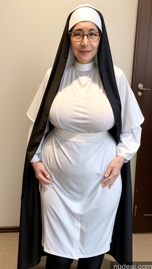 ai nude image of arafed nun in a white dress and black cape posing for a picture pics of Milf One Busty Perfect Boobs Big Ass Big Hips Pubic Hair Fairer Skin Asian Cosplay Black Hair Pigtails Glasses 60s Nun