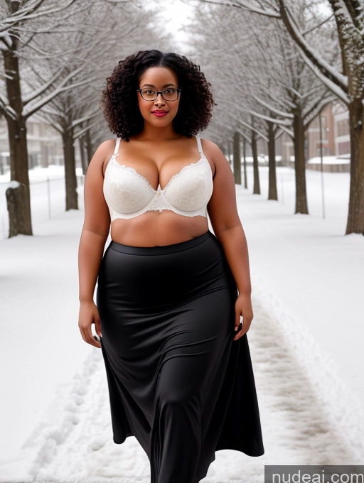 ai nude image of araffe woman in a black skirt and white bra top walking down a snowy path pics of Glasses Seductive Black Black Hair Long Skirt Snow Chubby Curly Hair Push-up Bra 30s