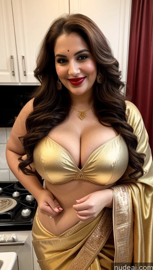 ai nude image of araffed woman in a gold sari posing for a picture pics of Milf Busty Beautiful Lipstick Chubby Thick Big Hips 20s Happy Seductive Brunette Long Hair Russian Party Front View Cooking Sari Cleavage Gold Jewelry Fairer Skin