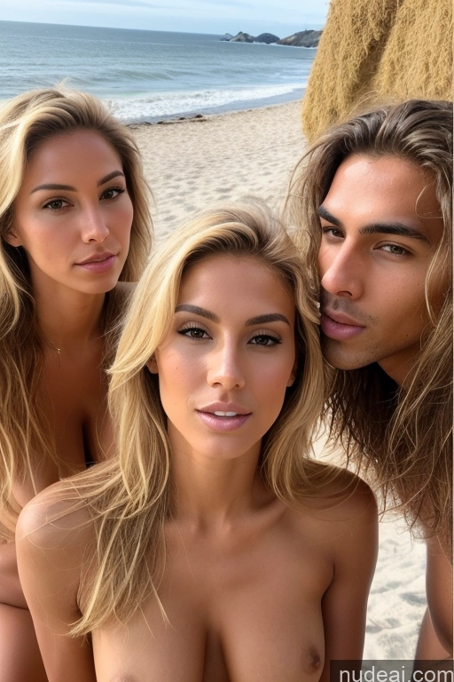 ai nude image of three nude women and a man posing on a beach pics of Miss Universe Model Perfect Boobs Beautiful Small Ass Skinny Long Legs Tall Perfect Body Tanned Skin 18 Seductive Long Hair Beach Nude Busty Brazilian Blonde Blowjob