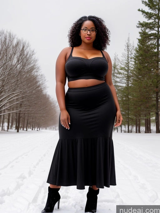 ai nude image of araffe woman in black dress standing in snow with trees in background pics of Glasses Seductive Black Black Hair Long Skirt Snow Chubby Curly Hair 30s Crop Top