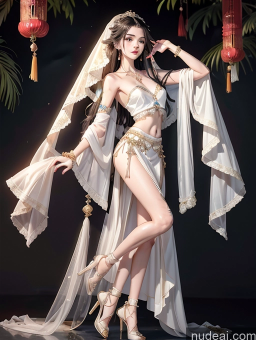 ai nude image of araffe woman in a white dress and gold accessories posing for a picture pics of Model Skinny Beautiful 18 White Hair Japanese Long Hair High Heels China Goddess Fashion Two