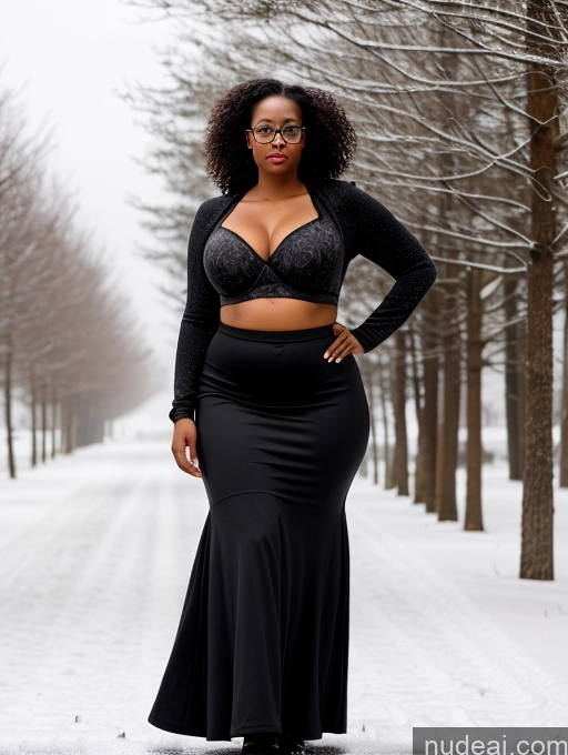 ai nude image of araffe woman in a black dress and glasses standing in the snow pics of Glasses Seductive Black Black Hair Long Skirt Snow Chubby Curly Hair 30s Crop Top