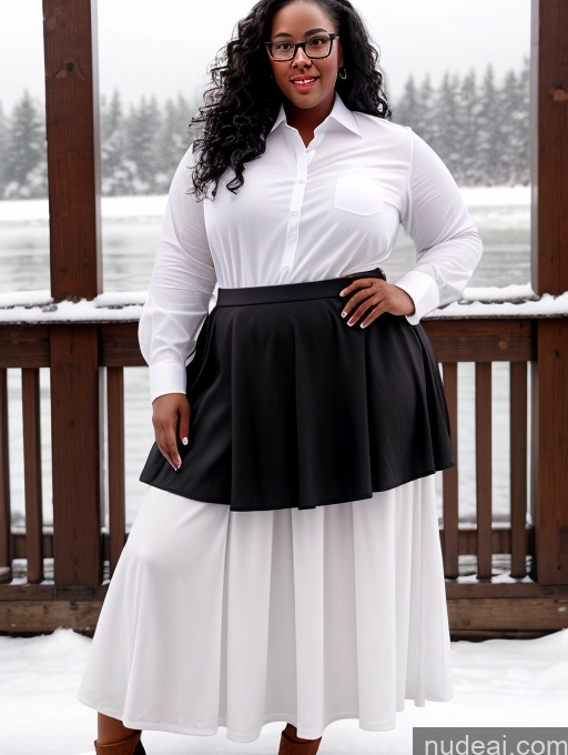 ai nude image of there is a woman standing in a white shirt and black skirt pics of Glasses Seductive Black Black Hair Long Skirt Snow Chubby Curly Hair 30s Shirt