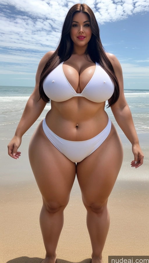 ai nude image of araffe woman in a white bikini posing on the beach pics of Huge Boobs Big Ass Abs Chubby Big Hips Fairer Skin Black Hair Long Hair Indian Lipstick Cosplay Beach Muscular