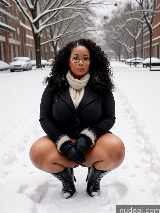 ai nude image of woman kneeling in the snow with her legs crossed pics of Seductive Black Black Hair Snow Curly Hair 30s Chubby Boots Mini Skirt Squatting Glasses