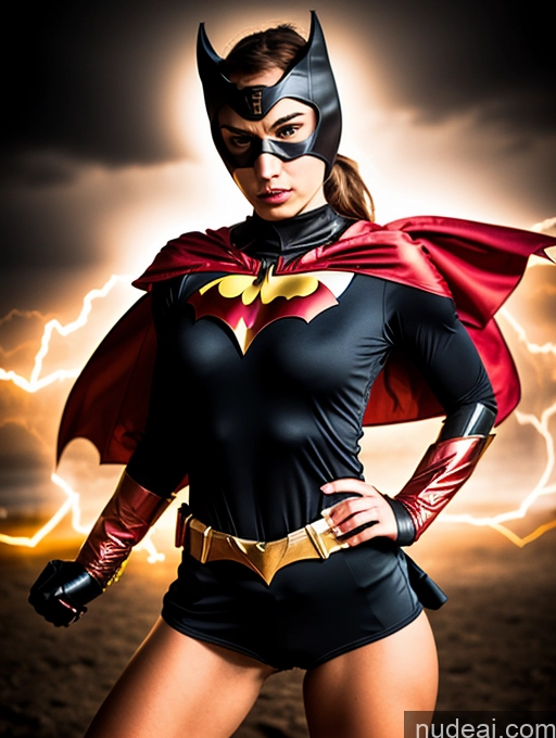 ai nude image of batmangirl posing in a black and red costume with lightning behind her pics of Superheroine Powering Up Detailed Batwoman Strapless Superhero