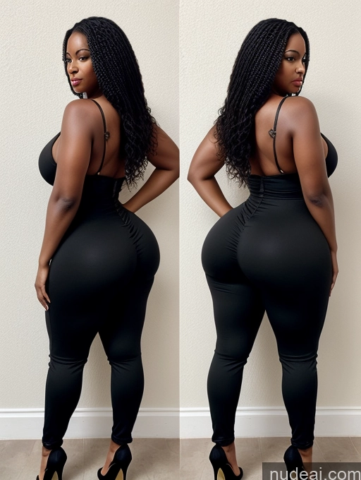 ai nude image of a close up of a woman in a black dress and high heels pics of Woman Huge Boobs Perfect Boobs Big Ass Big Hips Thick 30s Black Hair Cleavage African Long Hair Back View High Heels Jumpsuit Bright Lighting