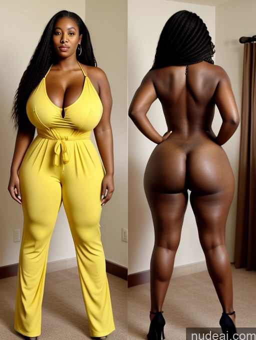 ai nude image of two women in yellow outfits posing for a picture in a room pics of Woman Huge Boobs Perfect Boobs Big Ass Big Hips Thick 30s Black Hair Cleavage African Long Hair Back View High Heels Jumpsuit Bright Lighting Onoff