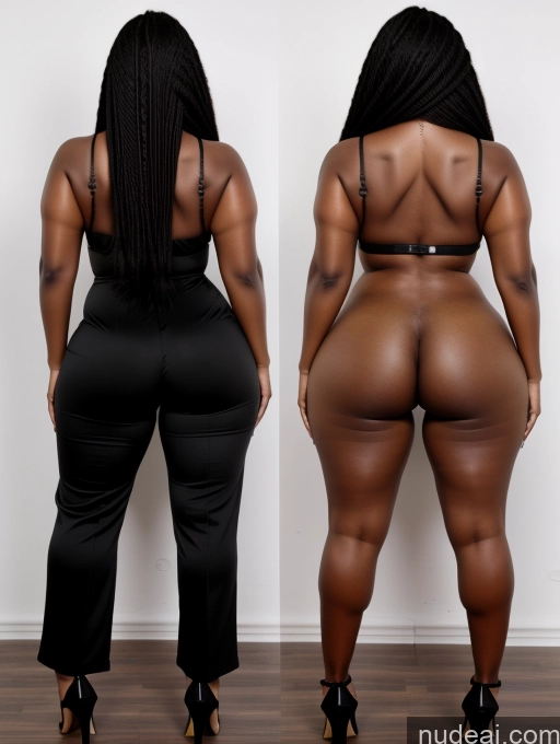 ai nude image of two pictures of a woman with a very big ass ass in a black outfit pics of Woman Huge Boobs Perfect Boobs Big Ass Big Hips Thick 30s Black Hair Cleavage African Long Hair Back View High Heels Jumpsuit Bright Lighting Onoff