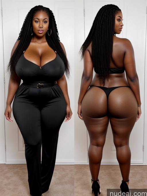 ai nude image of two pictures of a woman in a black top and pants pics of Woman Huge Boobs Perfect Boobs Big Ass Big Hips Thick 30s Black Hair Cleavage African Long Hair Back View High Heels Jumpsuit Bright Lighting Onoff