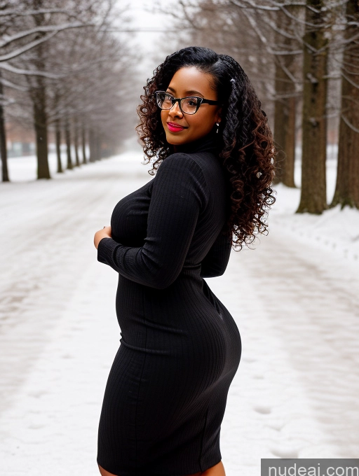 ai nude image of pregnant woman in black dress posing in snowy park with trees pics of Seductive Black Black Hair Snow Curly Hair 30s Chubby Glasses Dress Back View