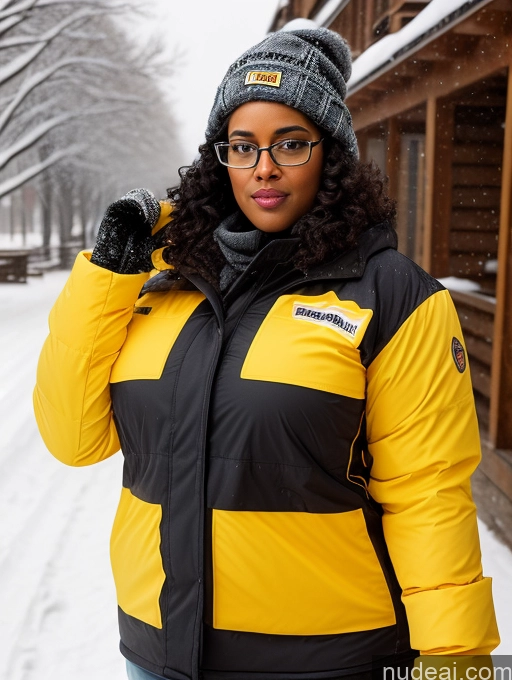 ai nude image of there is a woman wearing a yellow and black jacket and hat pics of Seductive Black Black Hair Snow Curly Hair 30s Chubby Glasses Construction Worker