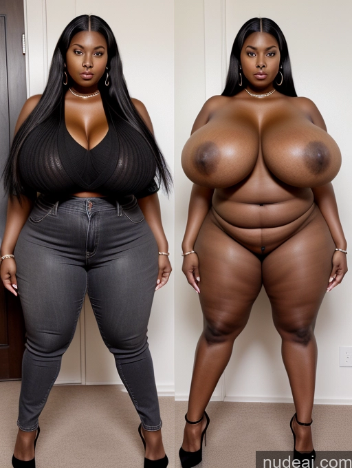 ai nude image of two women in tight jeans and high heels posing for a picture pics of Woman Huge Boobs Big Hips Big Ass 30s Black Hair Long Hair African Front View Sweater Jeans Onoff Cleavage High Heels