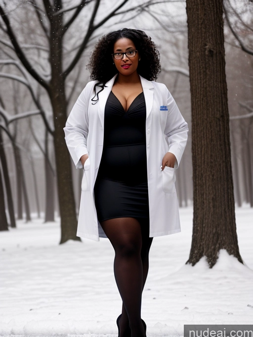 ai nude image of arafed woman in a white lab coat and black dress in a snowy park pics of Seductive Black Black Hair Snow Curly Hair 30s Chubby Glasses High Heels Doctor