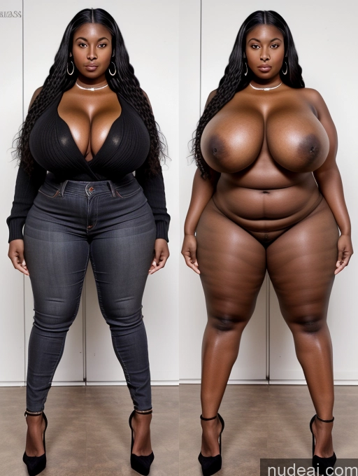 ai nude image of two women in tight jeans and high heels posing for a picture pics of Woman Huge Boobs Big Ass Big Hips Long Hair 30s Black Hair African Front View High Heels Jeans Sweater Cleavage Onoff