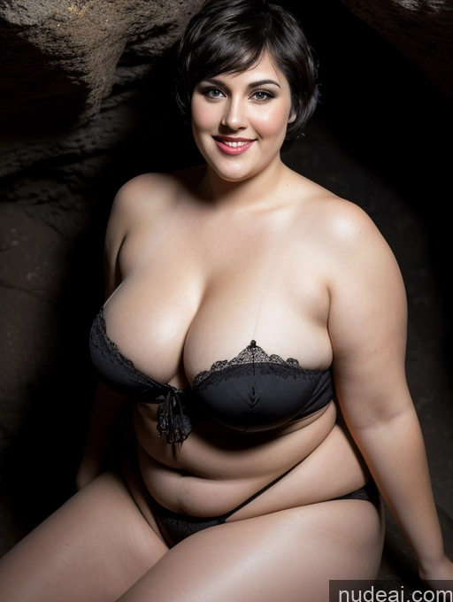 ai nude image of araffe woman in a black bra top and black panties posing for a picture pics of Perfect Boobs Beautiful Big Ass Perfect Body Pubic Hair Happy Cave Detailed Dark Fantasy Fairer Skin Short Hair Black Hair 40s Fat Chubby Goth