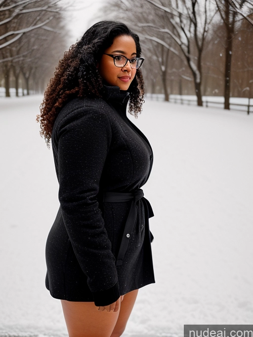 ai nude image of there is a woman standing in the snow wearing a black coat pics of Seductive Black Black Hair Curly Hair 30s Chubby Glasses Teacher T-pose Snow