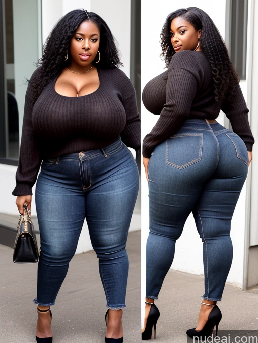 ai nude image of a close up of a woman in jeans and heels posing for a picture pics of Woman Perfect Boobs 30s Black Hair Long Hair African Jeans Huge Boobs Sweater Big Ass Big Hips High Heels Thick