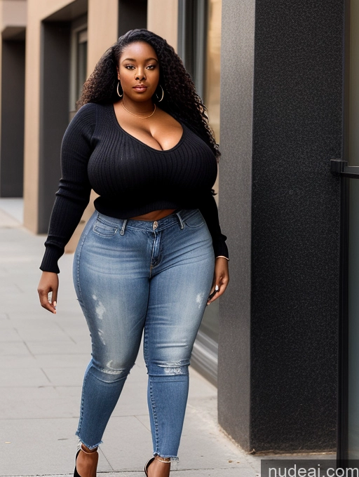 ai nude image of araffe woman in a black top and jeans standing on a sidewalk pics of Woman Perfect Boobs 30s Black Hair Long Hair African Jeans Huge Boobs Sweater Big Ass Big Hips High Heels Thick