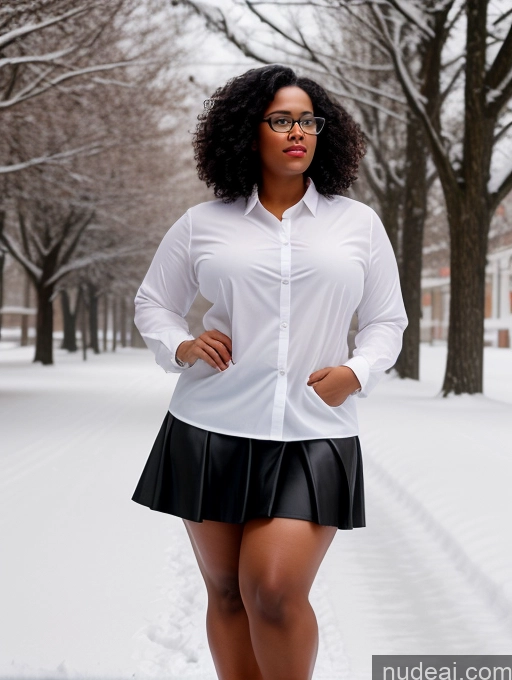 ai nude image of there is a woman in a skirt and a white shirt posing for a picture pics of Seductive Black Black Hair Curly Hair 30s Chubby Glasses Snow Micro Skirt Shirt