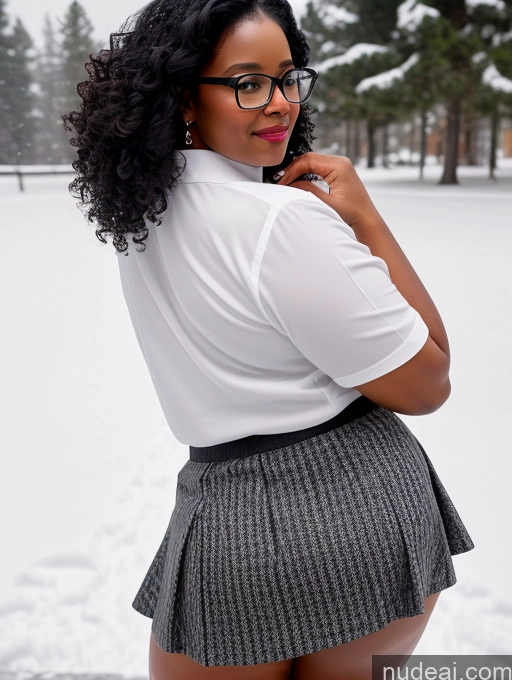 related ai porn images free for Seductive Black Black Hair Curly Hair 30s Chubby Glasses Snow Micro Skirt Shirt Back View