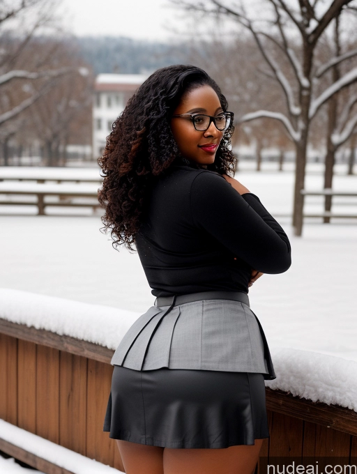 ai nude image of there is a woman standing on a snowy sidewalk with her arms crossed pics of Seductive Black Black Hair Curly Hair 30s Chubby Glasses Snow Micro Skirt Shirt Back View