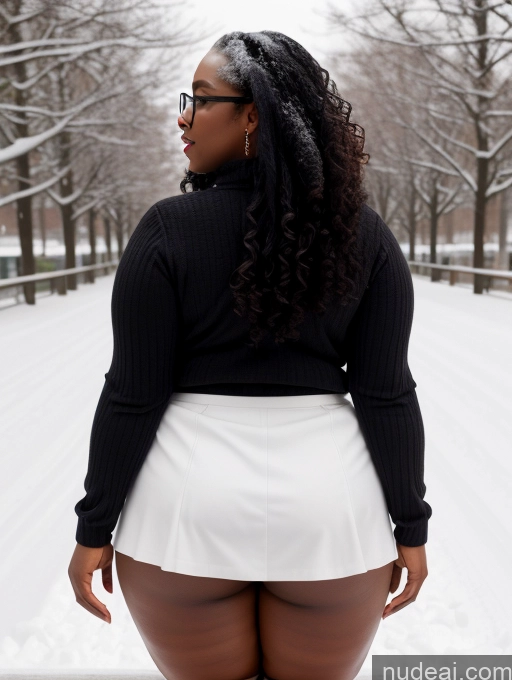 ai nude image of araffe woman in a black top and white skirt standing in the snow pics of Seductive Black Black Hair Curly Hair 30s Chubby Glasses Snow Micro Skirt Shirt Back View