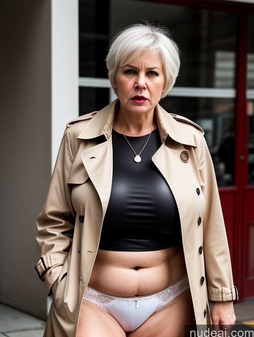 ai nude image of there is a woman in a black top and a tan trench coat pics of Milf One Busty Big Ass Big Hips Pubic Hair Fairer Skin Partially Nude British White Hair Short Hair Trench Coat Street 70s Huge Boobs Pouting Lips Angry Leather