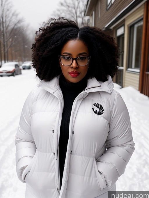 ai nude image of woman in white puffy jacket standing in snow covered street pics of Seductive Black Black Hair Curly Hair 30s Chubby Glasses Snow Hip Hop