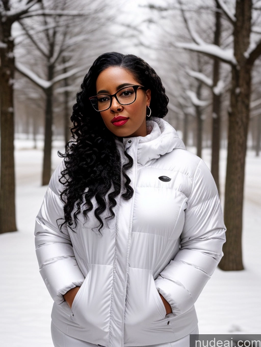 ai nude image of there is a woman wearing a white jacket and glasses standing in the snow pics of Seductive Black Black Hair Curly Hair 30s Chubby Glasses Snow Hip Hop