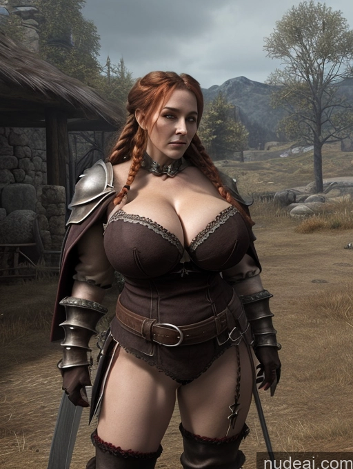 ai nude image of arafed woman in armor with sword and armor standing in a field pics of Milf Busty Huge Boobs Big Ass Thick Big Hips Tanned Skin 70s Braided Czech Irish Dark Fantasy Fantasy Armor Lumberjack Medieval Dark_Fantasy_Style French Musketeer Dress Partially Nude Cleavage