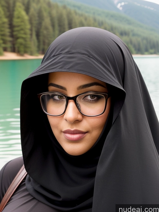 ai nude image of woman wearing black veil and glasses standing near a lake pics of Seductive Black Black Hair Curly Hair 30s Chubby Glasses Lake Niqab