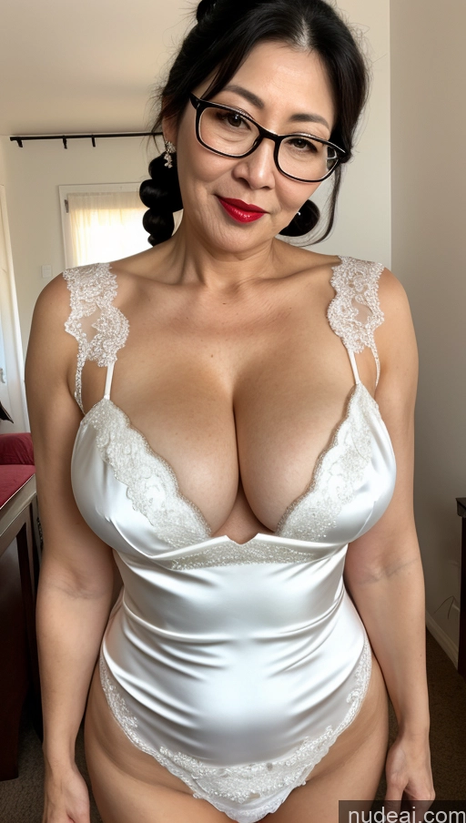 ai nude image of araffed woman in a white lingerie posing for a picture pics of Milf One Busty Perfect Boobs Big Ass Big Hips Pubic Hair Fairer Skin Black Hair Wedding Glasses Front View Partially Nude Lipstick 60s Pigtails Korean