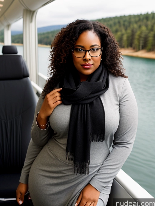 ai nude image of pregnant woman in grey dress and black scarf on boat with lake in background pics of Seductive Black Black Hair Curly Hair 30s Chubby Glasses Lake Scarf Flight Attendant