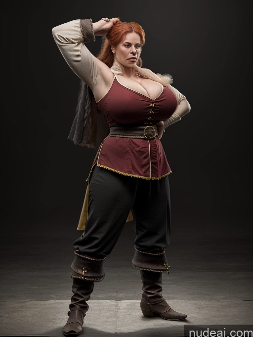 ai nude image of there is a woman in a red top and black pants posing pics of Bodybuilder Busty Huge Boobs Big Ass Big Hips 50s Angry Ginger German Medieval Dark_Fantasy_Style T-pose French Musketeer Dress