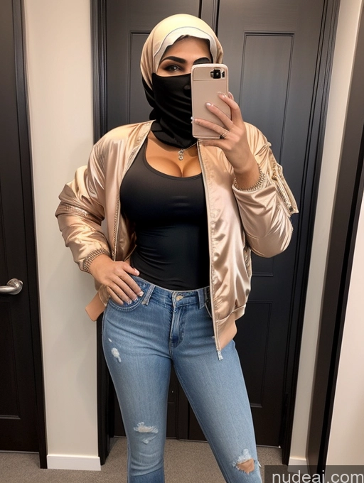 ai nude image of a woman wearing a hijab taking a selfie in a mirror pics of Miss Universe Model Abs Beautiful Busty Perfect Boobs Perfect Body Jacket Blouse Jeans Bomber Nude Niqab