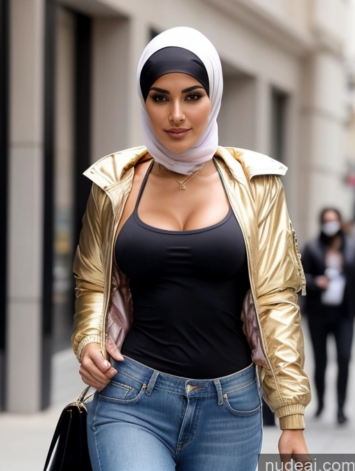 ai nude image of araffe wearing a gold jacket and a black top and jeans pics of Miss Universe Model Abs Beautiful Busty Perfect Boobs Perfect Body Jacket Blouse Jeans Bomber Niqab