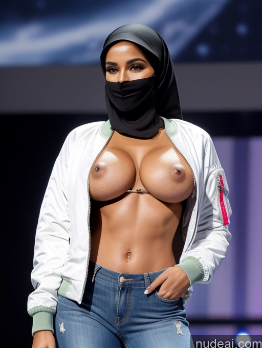 ai nude image of arafed woman in a hijab and a scarf walks on a runway pics of Miss Universe Model Abs Beautiful Busty Perfect Boobs Perfect Body Jacket Blouse Bomber Niqab