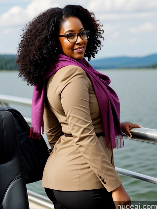 ai nude image of smiling woman in glasses and a scarf standing on a boat pics of Seductive Black Black Hair Curly Hair 30s Chubby Glasses Lake Scarf Flight Attendant Back View