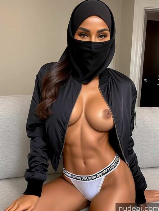 ai nude image of arafed woman in a black jacket and white panties posing on a couch pics of Miss Universe Model Abs Beautiful Perfect Boobs Perfect Body Jacket Blouse Bomber Niqab Couch Skinny Busty