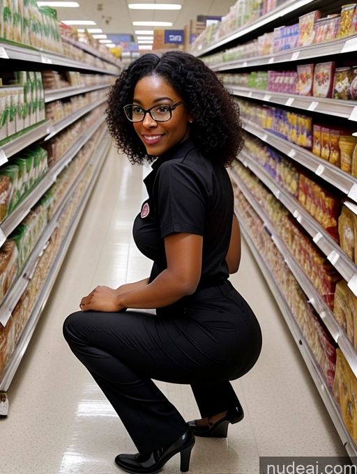 ai nude image of woman kneeling in a grocery store aisle with a variety of food pics of Seductive Black Black Hair Curly Hair 30s Flight Attendant Grocery Squatting Big Ass Glasses