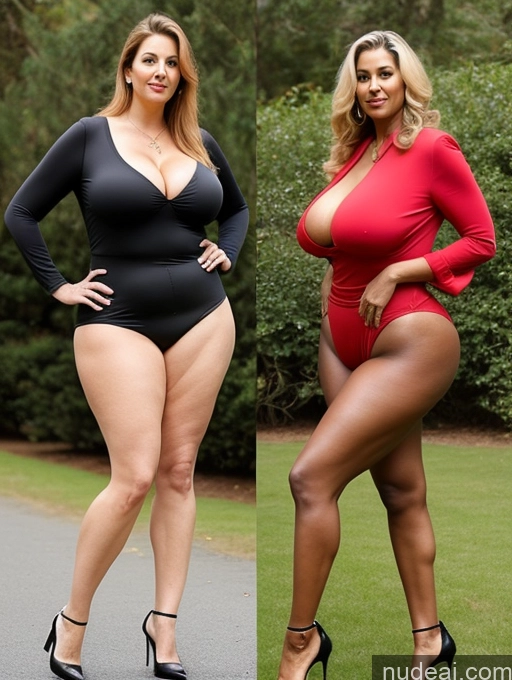 ai nude image of two women in bodysuits posing for a picture in the park pics of Tall Long Legs Big Ass Chubby Big Hips Thick Abs Busty High Heels Two 70s